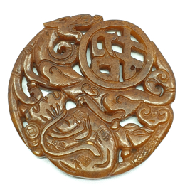 Amulet Medalion Jadeit Rzeźbiony Brązowy Zawieszka 70 mm
